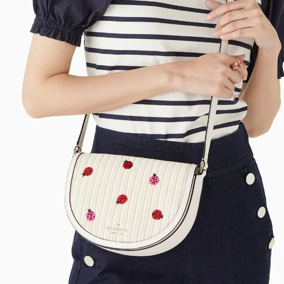 Kate Spade Luna Embroidered Ladybug Straw Crescent Crossbody Bag - Picture 10 of 10